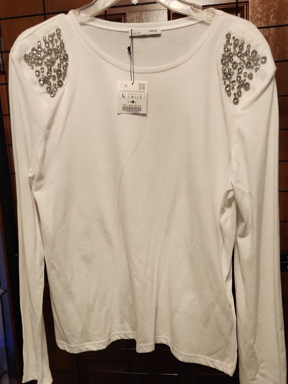 Zara White Long-Sleeve Top with Crystal-Embellished Shoulders